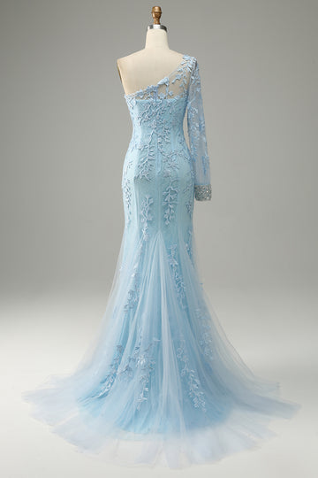 Azul Cielo Un Hombro Sirena Vestido de Fiesta Con Apliques